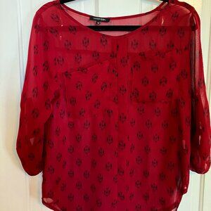 3/4 sleeve Sheer Wine-red Blouse with Ikat print detail, size M